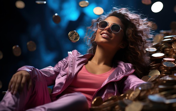 Woman surrounded by flying gold coins