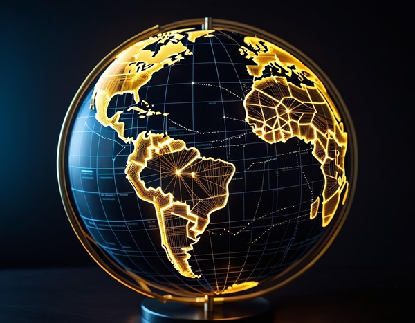 Glowing globe with golden continent outlines