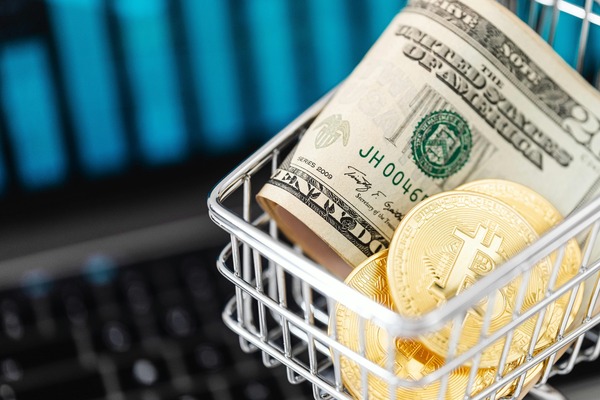 Shopping basket with dollar bills and bitcoin