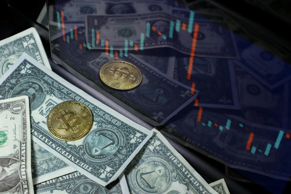 Crypto coins on dollar bills with a chart overlay