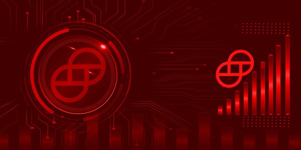 Red digital currency symbol with growth bars