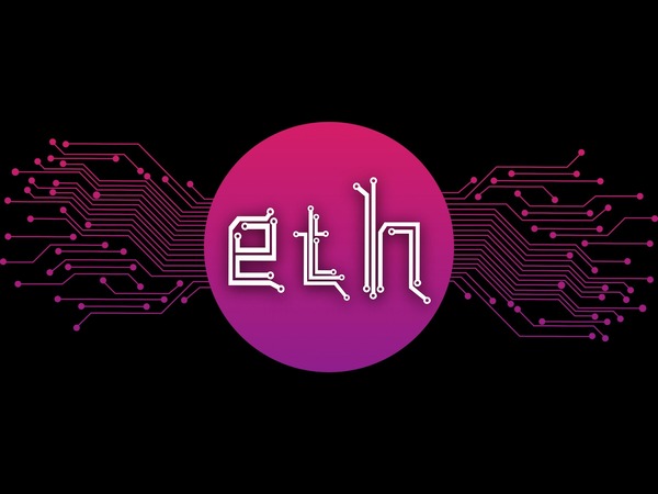 Eth logo in a pink circuit design